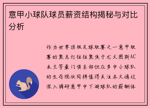 意甲小球队球员薪资结构揭秘与对比分析