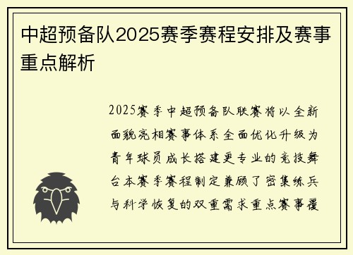 中超预备队2025赛季赛程安排及赛事重点解析