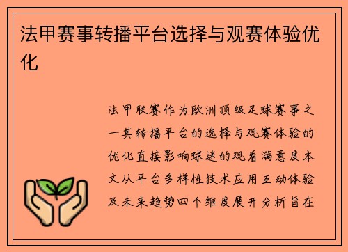 法甲赛事转播平台选择与观赛体验优化